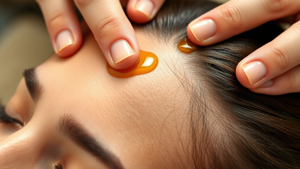 Close-up of scalp massage technique showing fingers massaging healthy scalp, warm oil glistening, professional spa lighting, peaceful expression, demonstrating proper hair growth oil application technique
