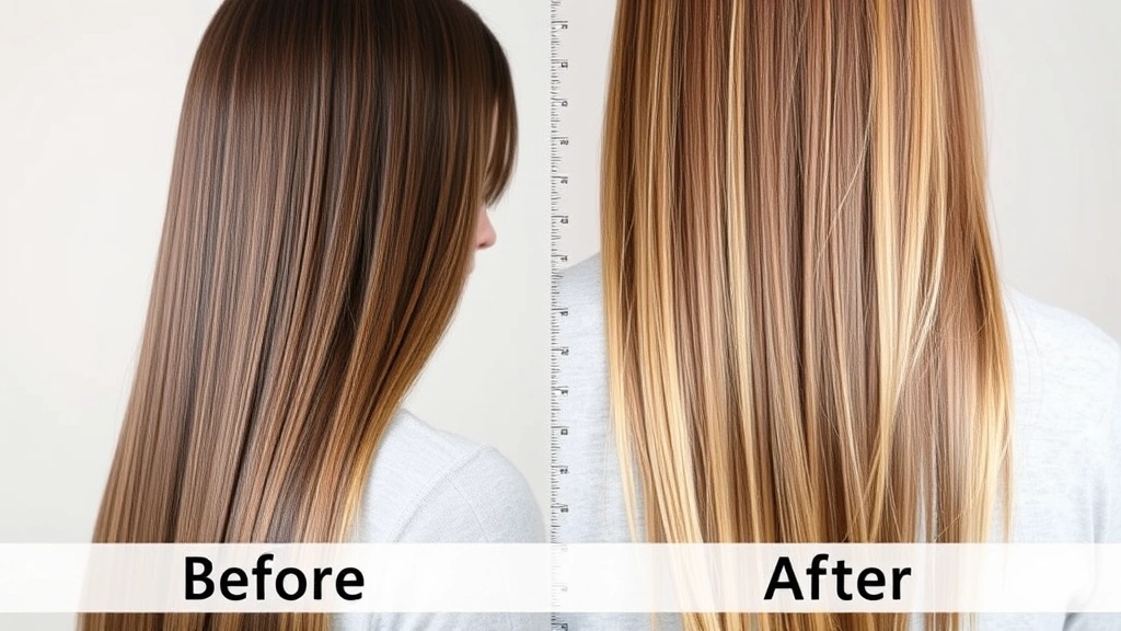 Before and after comparison of hair growth over time, showing progressively longer, shinier, healthier-looking hair strands against neutral background, measuring tape visible indicating growth progress