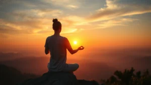 Person meditating peacefully on a mountain overlook at sunrise, embodying self-acceptance and inner calm, photorealistic warm lighting