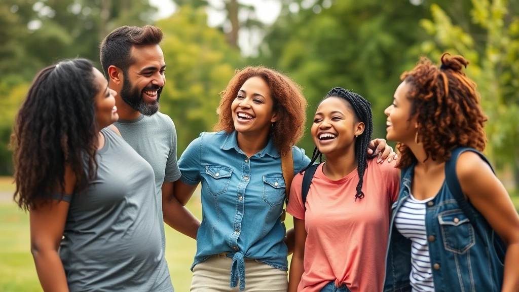 Diverse group of friends laughing together outdoors in natural setting, representing supportive relationships and authentic connection that builds self-worth