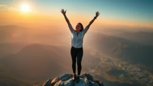 Professional woman standing at mountain peak at sunrise, arms raised in triumph, overlooking vast landscape below, confident smile, morning light golden hour, breathtaking vista, sense of achievement and possibility