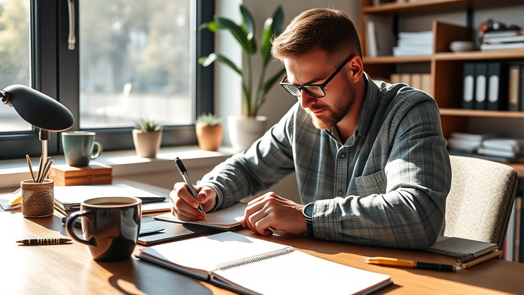 Man writing detailed notes in notebook at modern desk with coffee, focused expression, morning light streaming through window, productivity tools organized nearby, growth journal visible, natural workspace