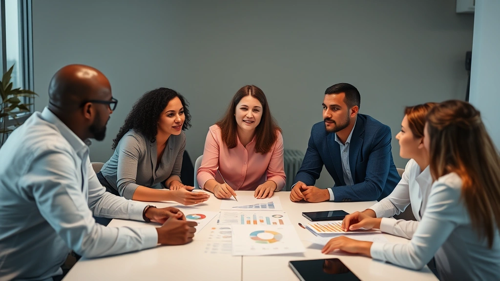 Group of diverse professionals in collaborative discussion around table with charts and growth graphs visible, engaged conversation, positive energy, mentorship moment, strategic planning in action