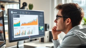 Person studying a computer dashboard showing colorful growth charts and progress graphs, natural daylight, focused expression, modern workspace setting