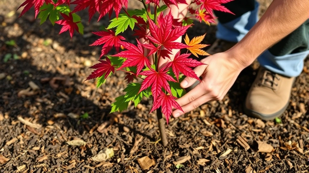 Gardener hands carefully checking soil moisture near base of young red maple tree, applying organic mulch around roots, demonstrating proper planting technique, natural daylight, detailed horticultural care