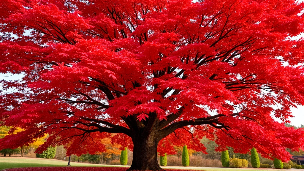 Mature red maple tree in full glory during autumn season, displaying brilliant red coloration, thick healthy trunk, expansive branching structure, wide landscape view showing growth maturity, professional nature photography