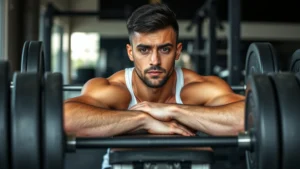 Athletic person resting on gym bench between heavy barbell sets, looking focused and determined, professional gym environment with weights visible, natural lighting, sweat on forehead showing intense effort