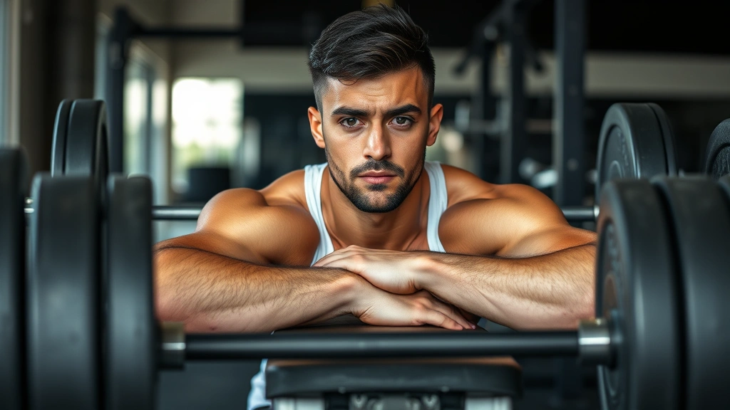 Athletic person resting on gym bench between heavy barbell sets, looking focused and determined, professional gym environment with weights visible, natural lighting, sweat on forehead showing intense effort