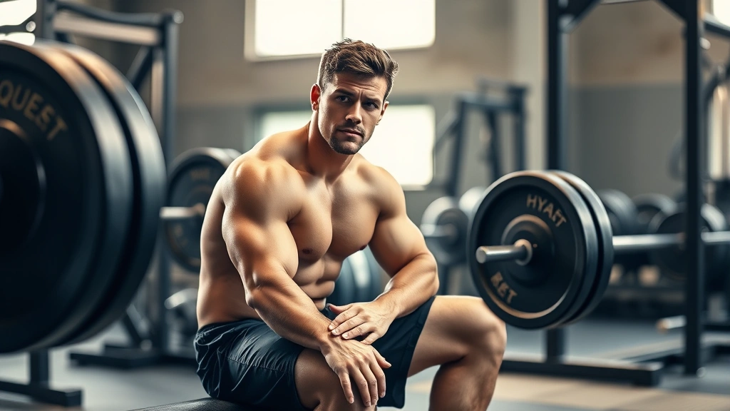 Athletic male in gym resting between heavy barbell squats, sitting on bench with hand on knee, focused expression, natural lighting from gym windows, showing muscular physique and determination