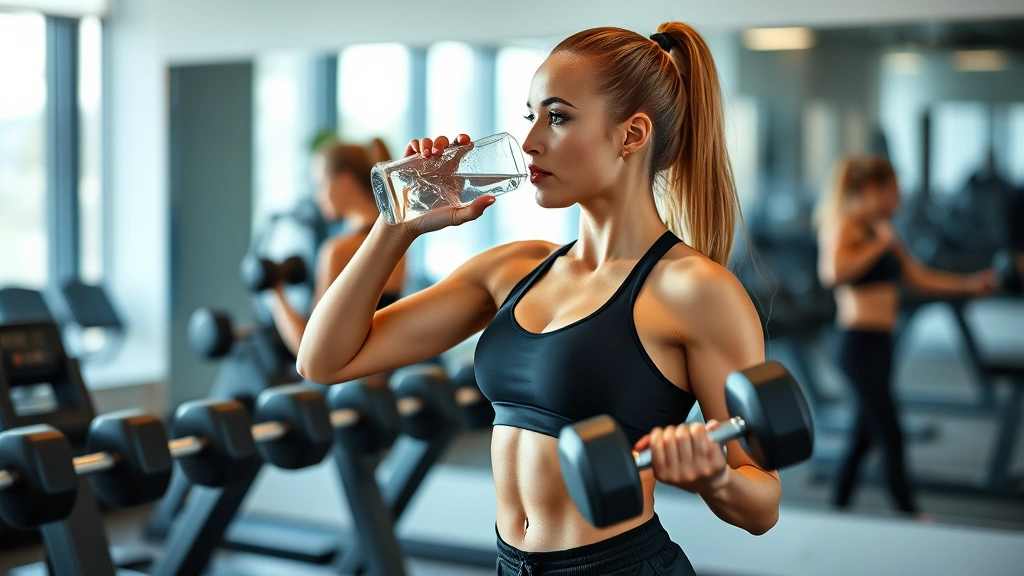 Fit female athlete drinking water during rest period between dumbbell exercises, standing in modern gym with mirrors, hydrating strategically, energized expression, professional gym environment