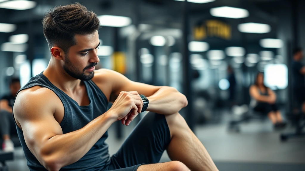 Person in recovery position between training sets, sitting calmly with water bottle, checking smartwatch or timer, gym background, relaxed but focused posture, showing active rest and monitoring