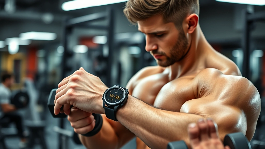 Male bodybuilder checking smartwatch timer for rest interval between sets, holding dumbbells, concentrated on training protocol, gym background with training equipment visible, tracking workout metrics
