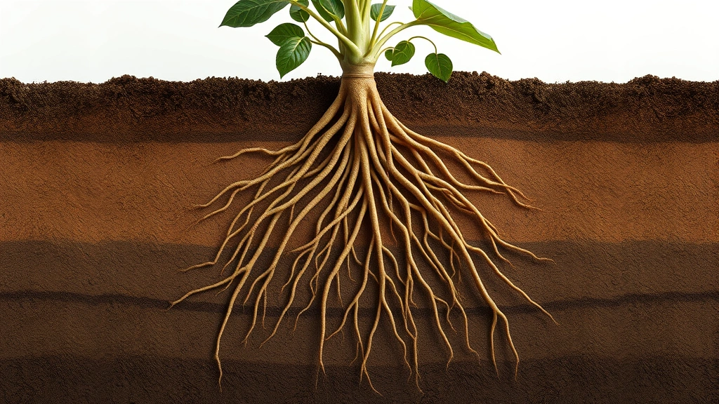 Strong root system visualization of established plant beneath soil surface with intricate network of roots, earthy tones, photorealistic botanical cross-section showing foundation strength