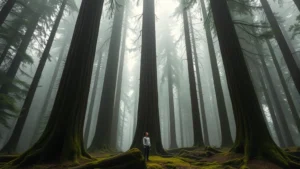 Misty old growth forest with towering ancient Sitka spruce trees creating cathedral-like atmosphere, soft diffused sunlight filtering through dense canopy, moss-covered forest floor, person standing small among massive tree trunks looking upward in awe