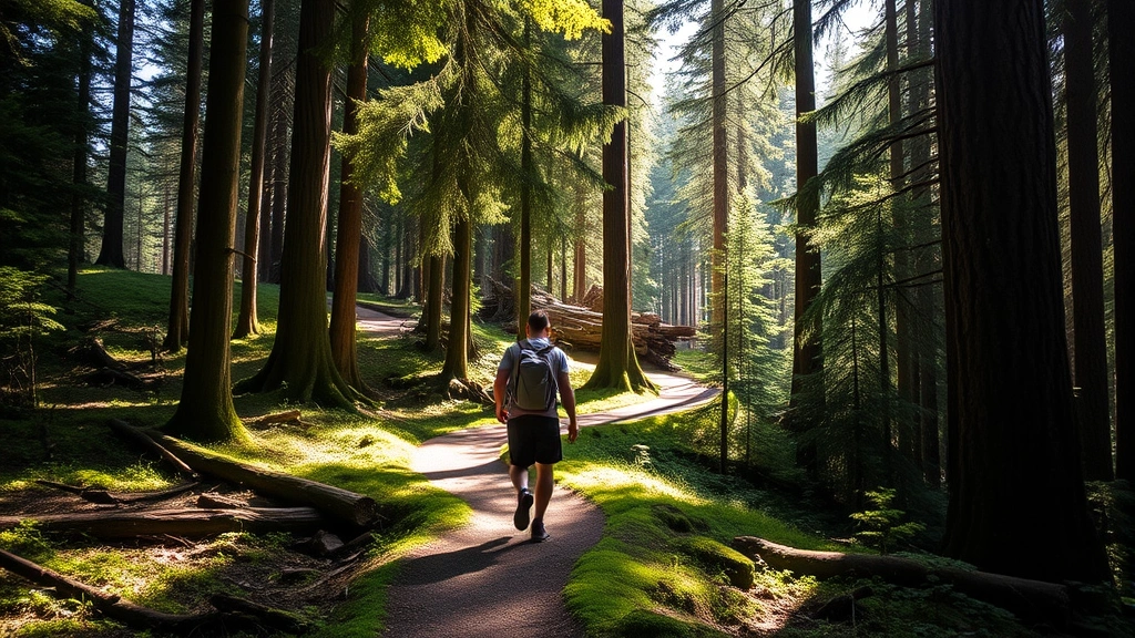 Hiker walking on winding trail through dense Pacific Northwest forest, dappled sunlight on forest path, ancient trees surrounding the trail, sense of adventure and exploration, peaceful natural environment