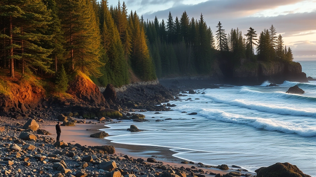 Dramatic coastal landscape where old growth forest meets rocky beach, waves crashing against rocks, evergreen trees extending to water's edge, person standing on beach looking toward ocean and forest, golden hour lighting creating inspirational atmosphere