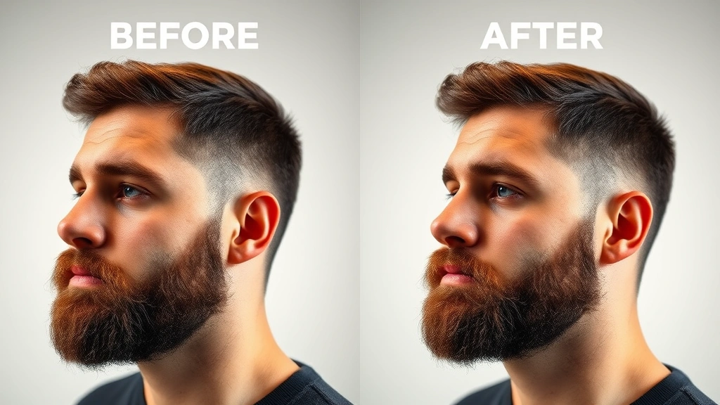 Before-and-after style comparison showing beard progression stages, man's face from side angle displaying increasing beard density and thickness, professional lighting, positive transformation visualization, realistic hair growth documentation