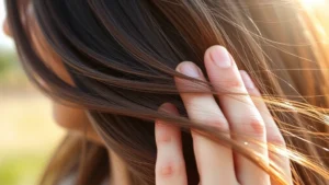 Close-up of healthy hair strands with visible growth, morning sunlight, person running fingers through thick shiny hair, natural outdoor setting, confident expression, personal wellness aesthetic