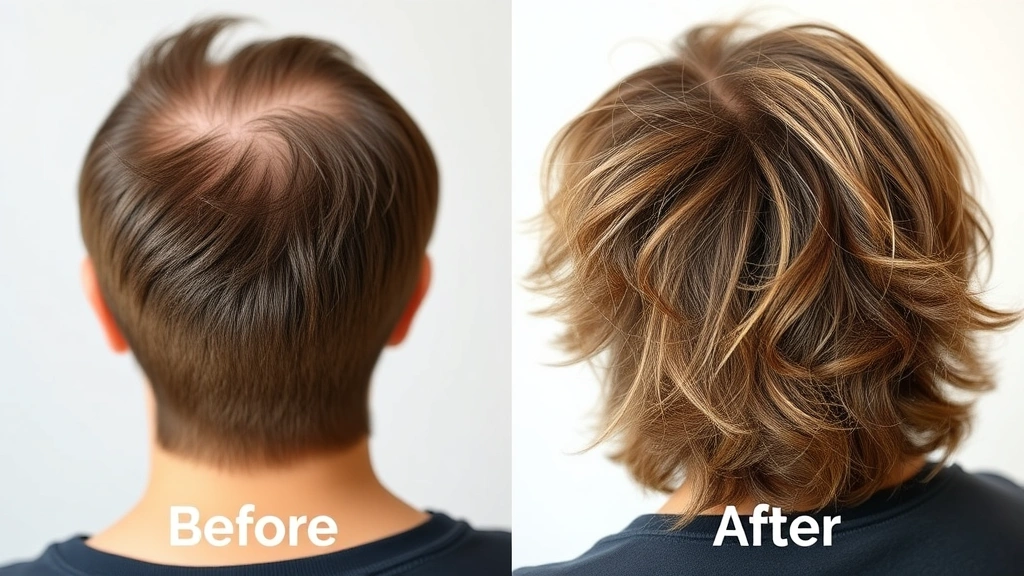 Before and after comparison showing hair density improvement, person from behind with fuller hair, natural lighting highlighting hair texture and volume, transformation and growth visualization