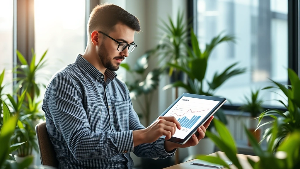 Professional person studying growth charts on a tablet in a modern office, surrounded by plants, morning sunlight streaming through windows, focused expression showing learning and preparation phase