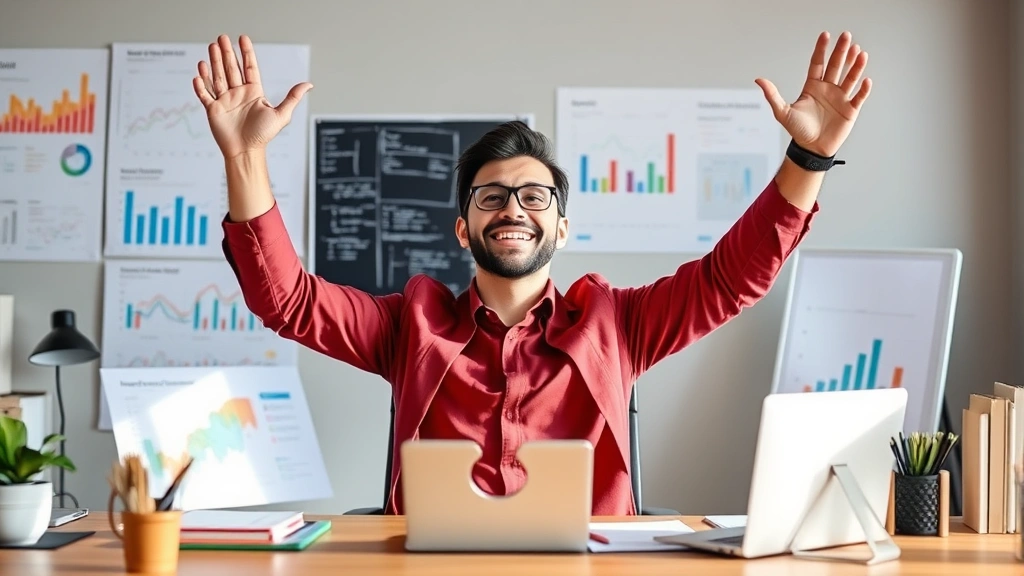 Confident individual celebrating breakthrough moment at desk with arms raised in triumph, multiple success indicators visible (charts, completed projects), natural lighting highlighting genuine joy and momentum