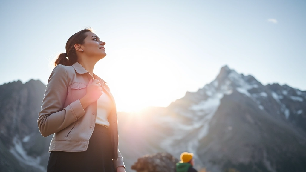 Professional woman standing at the base of a mountain looking upward with determination and clarity, morning sunlight illuminating her face, representing the beginning of a growth journey and personal potential