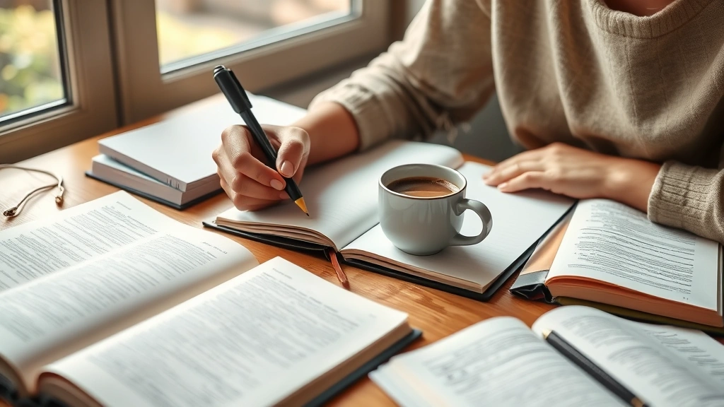 Person writing in a journal at a wooden desk with a steaming cup of coffee, surrounded by open books and notes, natural window light streaming in, symbolizing self-reflection and continuous learning