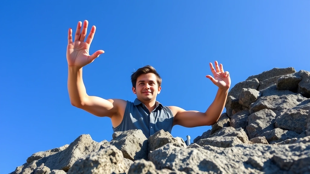 Young professional climbing rocky terrain with hands reaching toward the summit against a clear blue sky, muscles engaged and focused expression, representing overcoming obstacles and achieving challenging goals