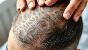 Close-up of healthy scalp with vibrant hair follicles, professional dermatology setting, natural lighting emphasizing scalp texture and hair density, person receiving scalp massage from expert hands, wellness atmosphere