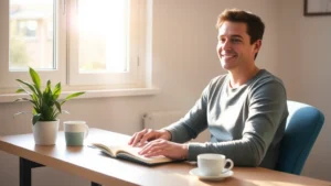 Person sitting at desk with notebook, morning sunlight streaming through window, peaceful expression, plant on desk, coffee cup, focused and calm posture, warm tones, natural lighting