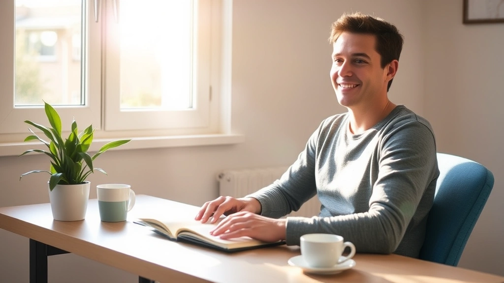 Person sitting at desk with notebook, morning sunlight streaming through window, peaceful expression, plant on desk, coffee cup, focused and calm posture, warm tones, natural lighting