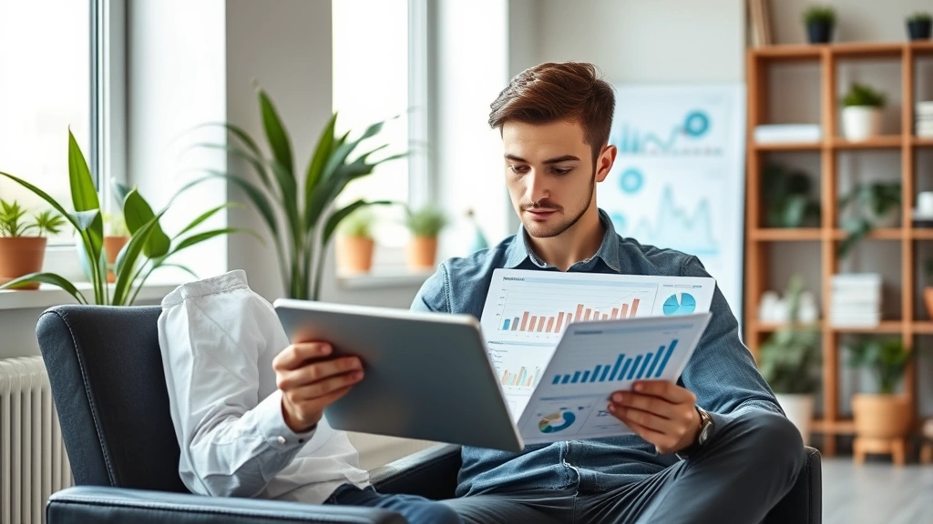 Young professional reviewing charts and graphs on tablet, sitting in modern office with plants, taking notes, concentrated expression, clean minimalist workspace, natural light from window