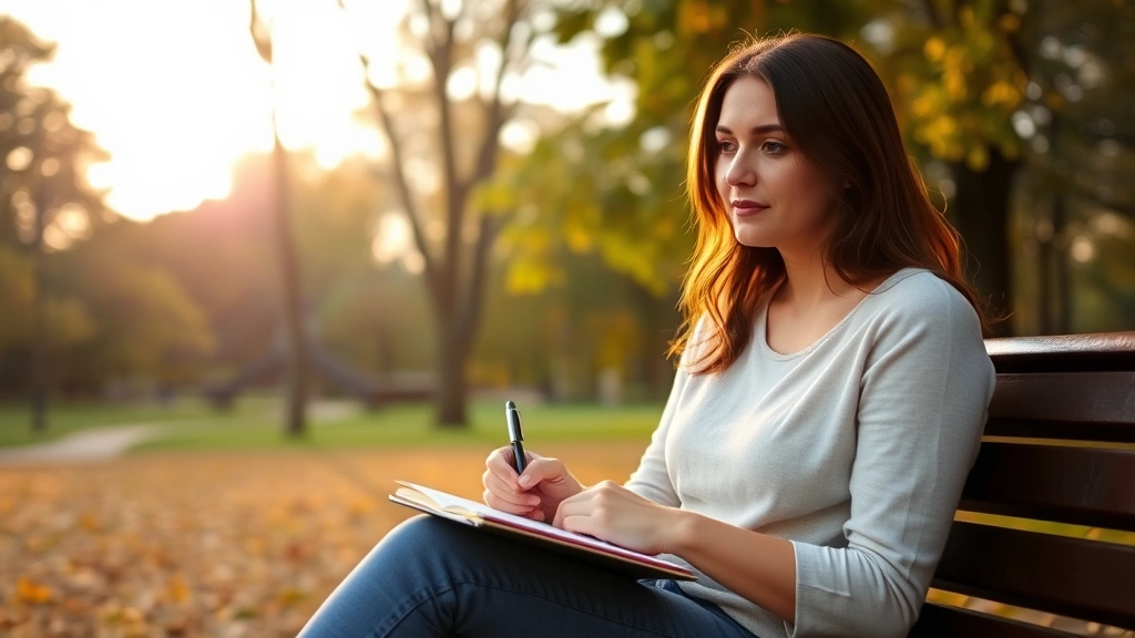 Woman journaling outdoors in park, sitting on bench with trees in background, pen in hand, notebook open, thoughtful expression, golden hour lighting, peaceful natural setting