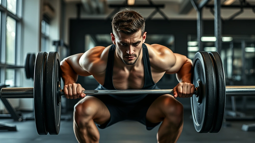 Athletic male performing heavy barbell squat with perfect form in modern gym, intense focused expression, sweat visible, natural lighting