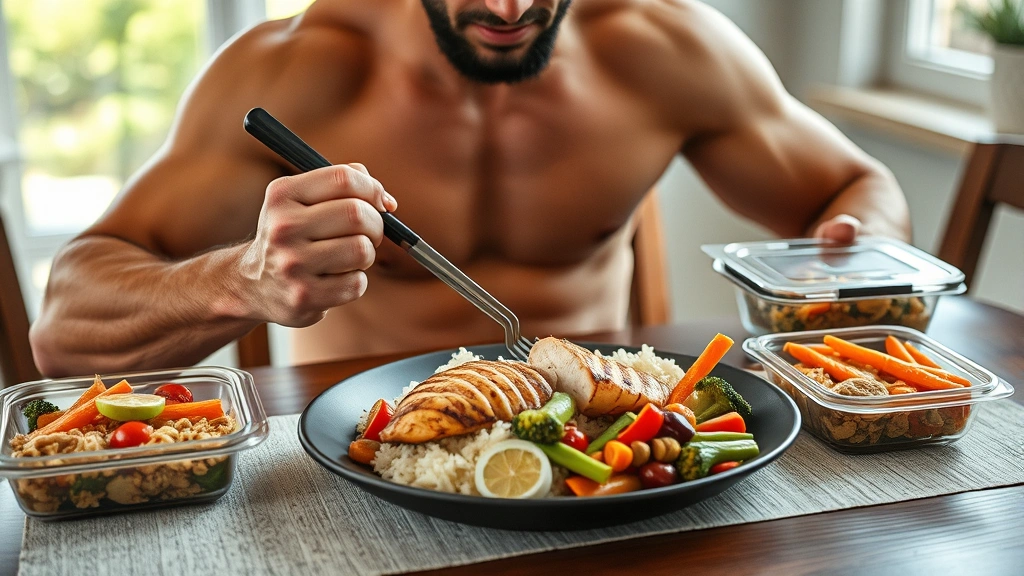 Muscular person eating high-protein meal with grilled chicken, rice, and vegetables at dining table, meal prep containers visible, natural daylight