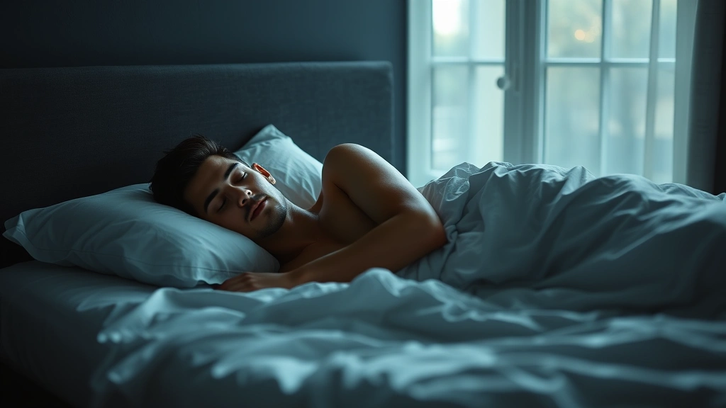 Fit individual sleeping peacefully in dark bedroom with white sheets, peaceful expression, early morning light filtering through window, recovery focus
