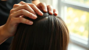 Person massaging scalp with hair oil, close-up showing healthy scalp texture and vibrant natural light from window, professional spa-like setting, serene expression of self-care