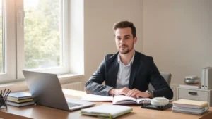 Professional individual sitting at organized desk with notebook, morning sunlight streaming through window, focused expression, laptop and minimalist workspace, peaceful confident atmosphere, no text visible