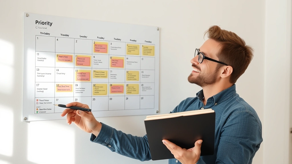 Person reviewing wall calendar with highlighted priorities, holding pen thoughtfully, notebook with checkmarks, natural lighting, satisfied expression, clean organized space, visual progress tracking, no text or dates