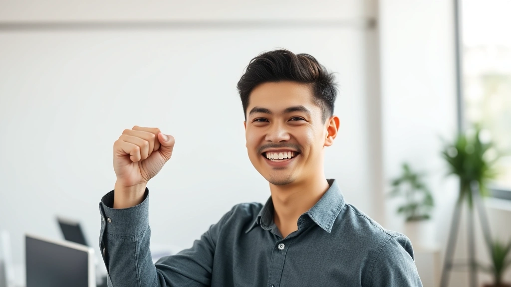Young professional during moment of achievement, fist raised slightly, smile of satisfaction, clean modern workspace background, daylight, energized posture, celebrating completion, no text or documents