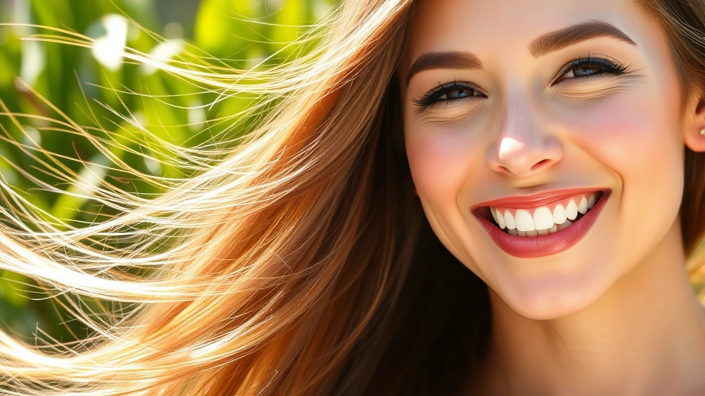 Woman with radiant, healthy long hair flowing naturally in sunlight, smiling confidently, close-up of vibrant hair texture showing shine and strength, natural outdoor setting with green foliage background