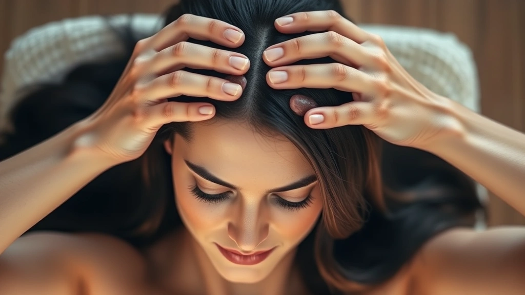 Hands massaging scalp with focused concentration and care, fingers working through dark hair, warm lighting showing the therapeutic hair treatment ritual, peaceful facial expression during self-care moment