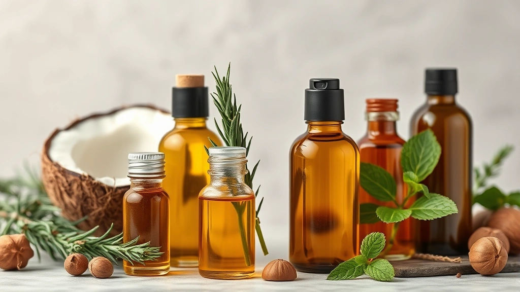 Array of plant-based oils in glass bottles with natural ingredients visible - coconut, rosemary sprigs, argan nuts, peppermint leaves arranged artfully, golden and amber liquid colors catching light, wellness aesthetic