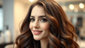 Woman with visibly thicker, voluminous hair after haircare treatment, looking confident and radiant, professional salon lighting, close-up of hair texture and shine
