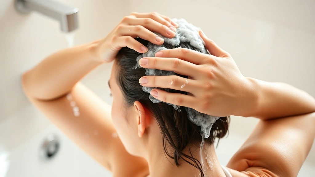 Person massaging scalp during shampooing ritual, demonstrating proper hair care technique, warm water flowing, focused expression of self-care, bathroom setting with natural light
