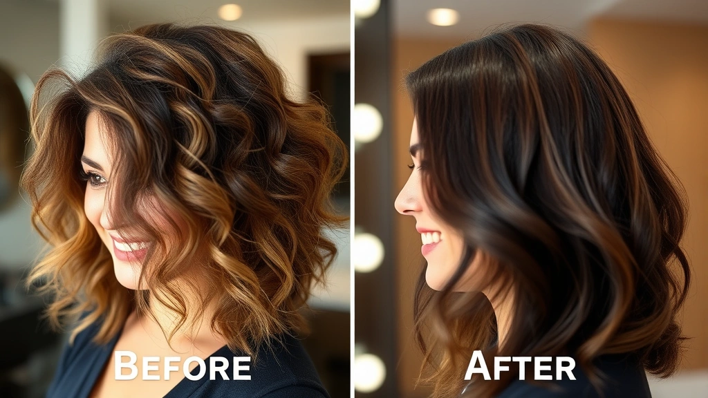 Before and after comparison showing hair density transformation, woman with fuller thicker hair smiling at mirror, professional lighting highlighting hair volume and health
