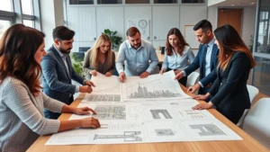 A diverse team of professionals collaborating in a modern office with blueprints and infrastructure plans on the table, representing capital investment and strategic planning for economic development