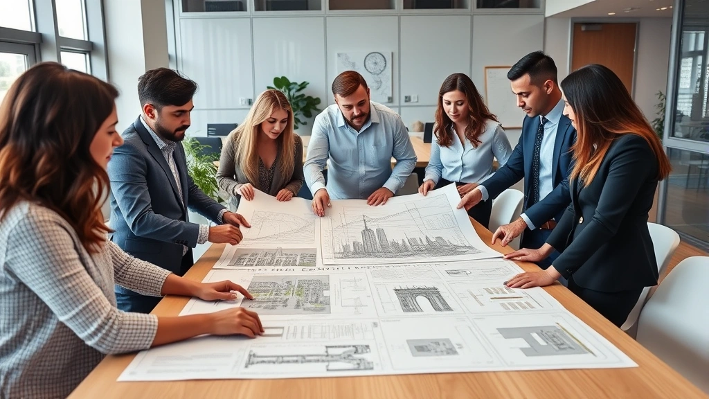 A diverse team of professionals collaborating in a modern office with blueprints and infrastructure plans on the table, representing capital investment and strategic planning for economic development