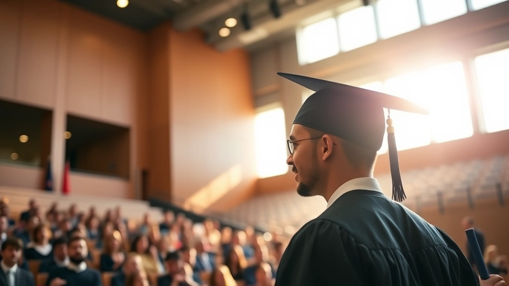 A graduate receiving a diploma in a sunlit university auditorium, symbolizing human capital development and the transformative power of education for economic growth