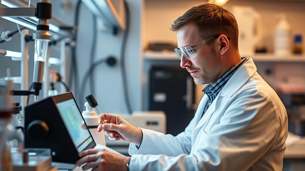 A scientist or engineer working with cutting-edge technology in a laboratory setting, demonstrating innovation and technological advancement driving productivity improvements